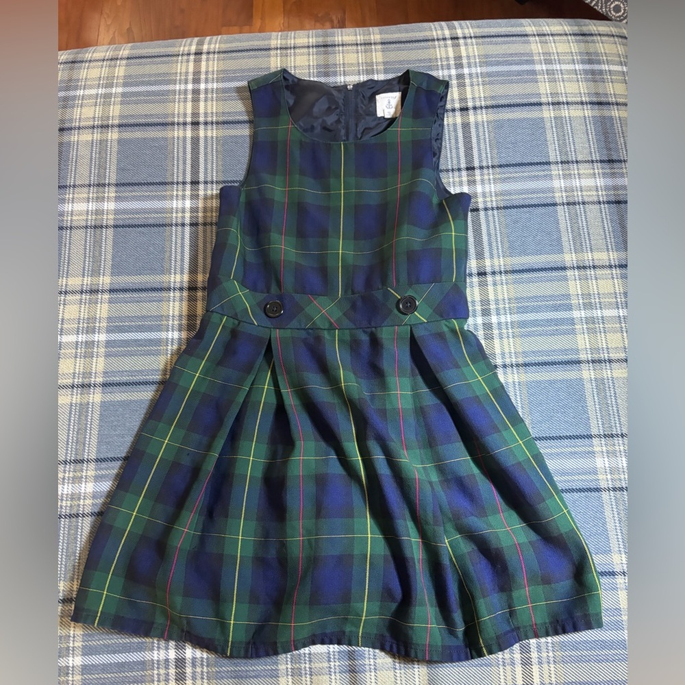 Lands' End Green and Navy Plaid Sleeveless School Dress